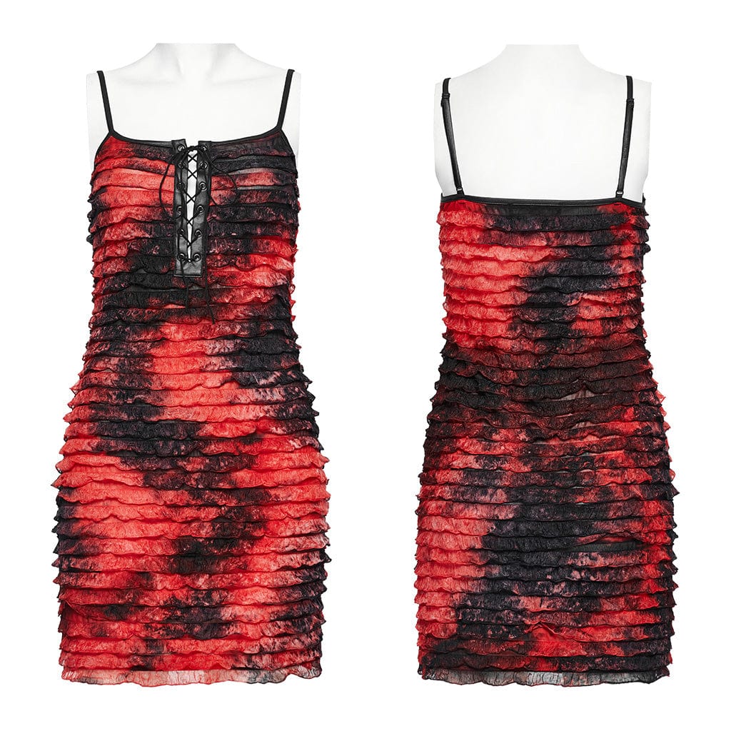 PUNK RAVE Women's Grunge Ruffled Tie-dyed Slip Dress Red