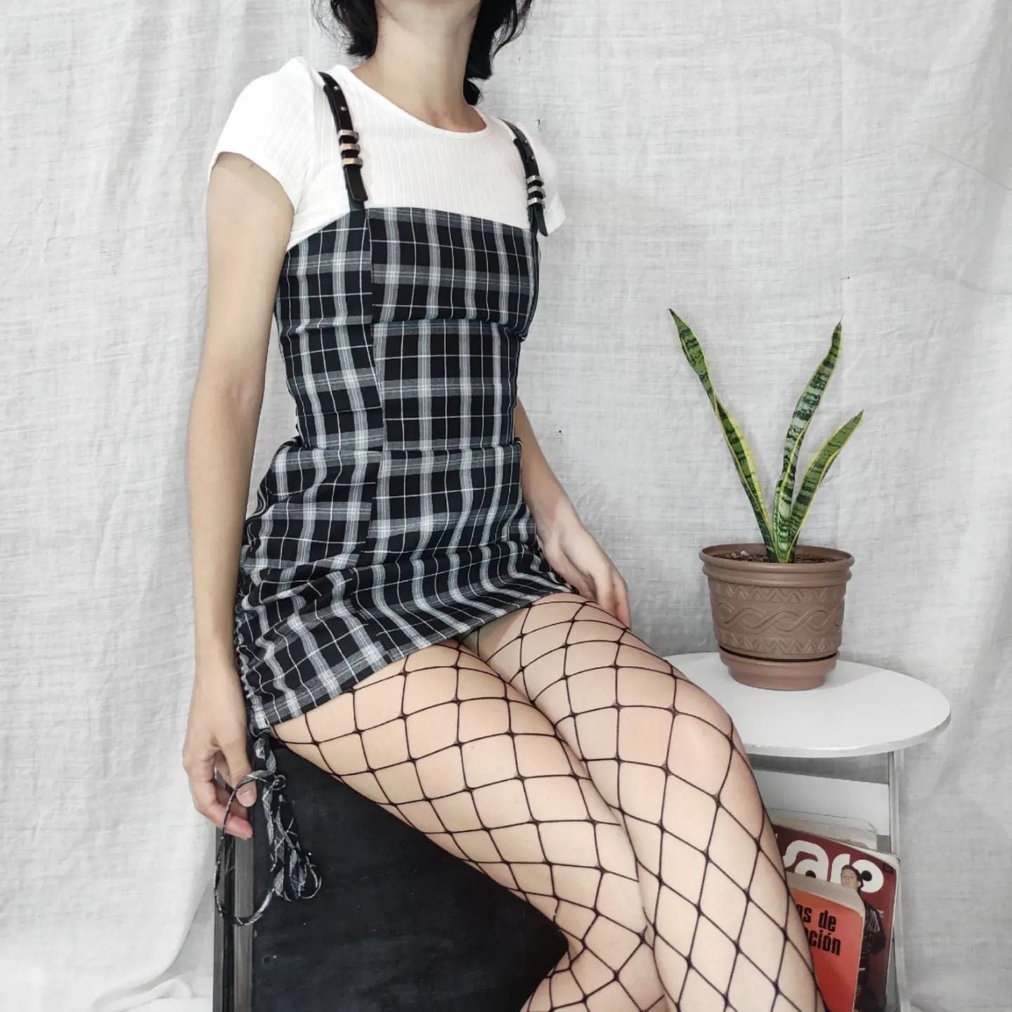 PUNK RAVE Women's Lace-up Ruched Fitted Plaid Slip Dresses