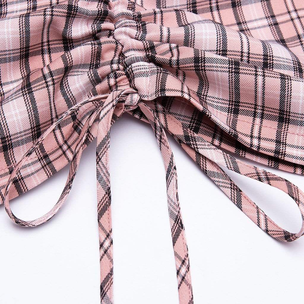 PUNK RAVE Women's Lace-up Ruched Fitted Plaid Slip Dresses