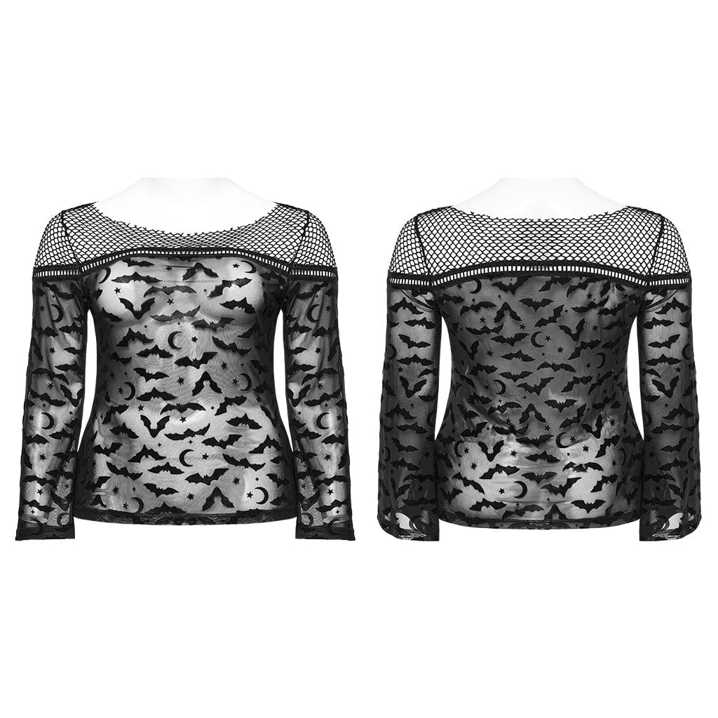 PUNK RAVE Women's Plus Size Gothic Bat Mesh Shirt