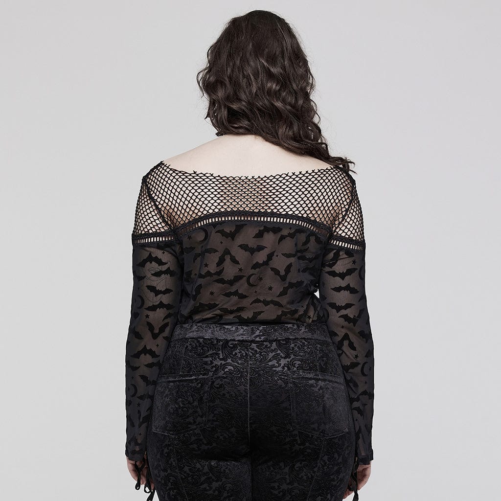 PUNK RAVE Women's Plus Size Gothic Bat Mesh Shirt