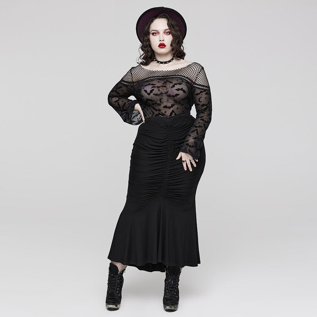 PUNK RAVE Women's Plus Size Gothic Bat Mesh Shirt