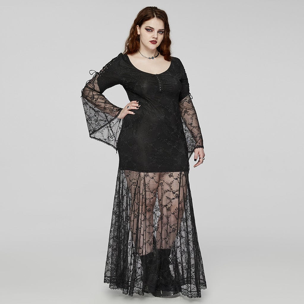 PUNK RAVE Women's Plus Size Gothic Flared Sleeved Lace-up Lace Prom Dress