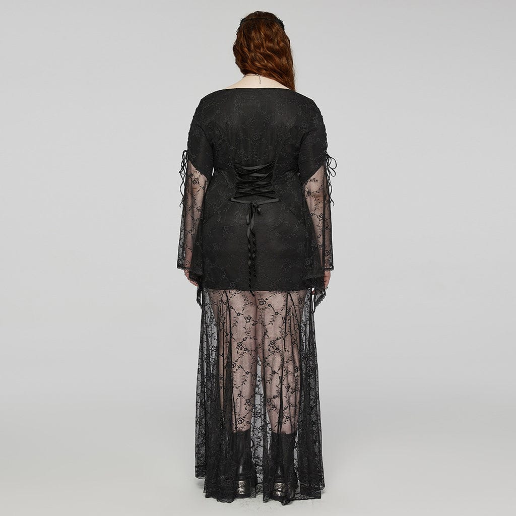PUNK RAVE Women's Plus Size Gothic Flared Sleeved Lace-up Lace Prom Dress