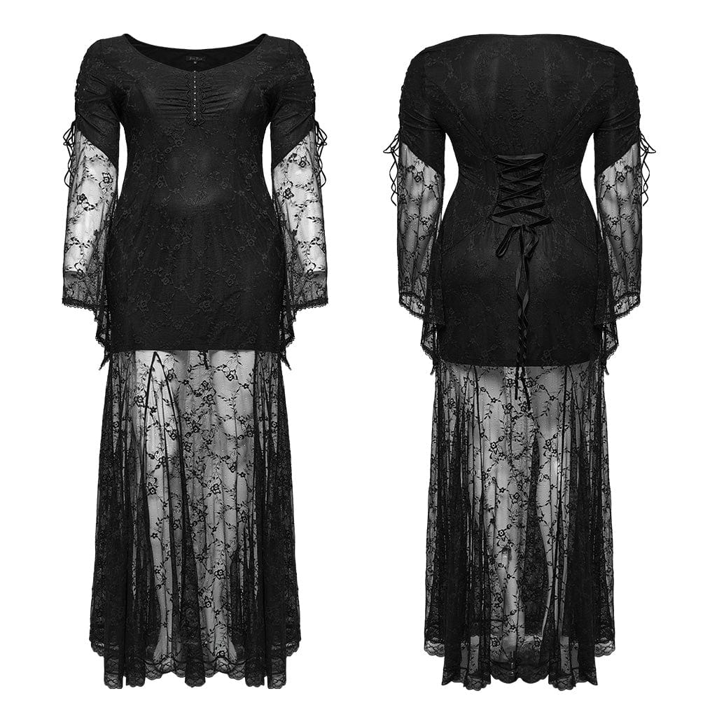 PUNK RAVE Women's Plus Size Gothic Flared Sleeved Lace-up Lace Prom Dress