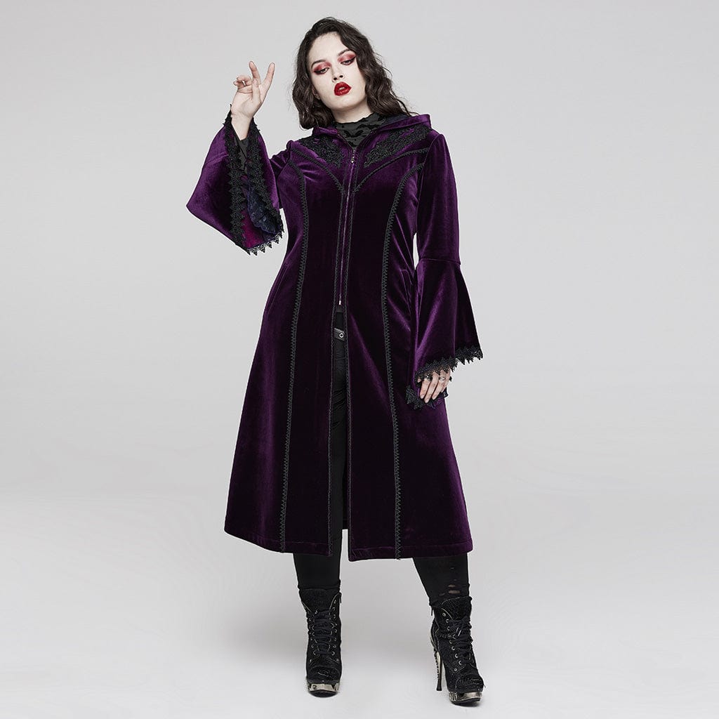 PUNK RAVE Women's Plus Size Gothic Flared Sleeved Velvet Coat with Hood