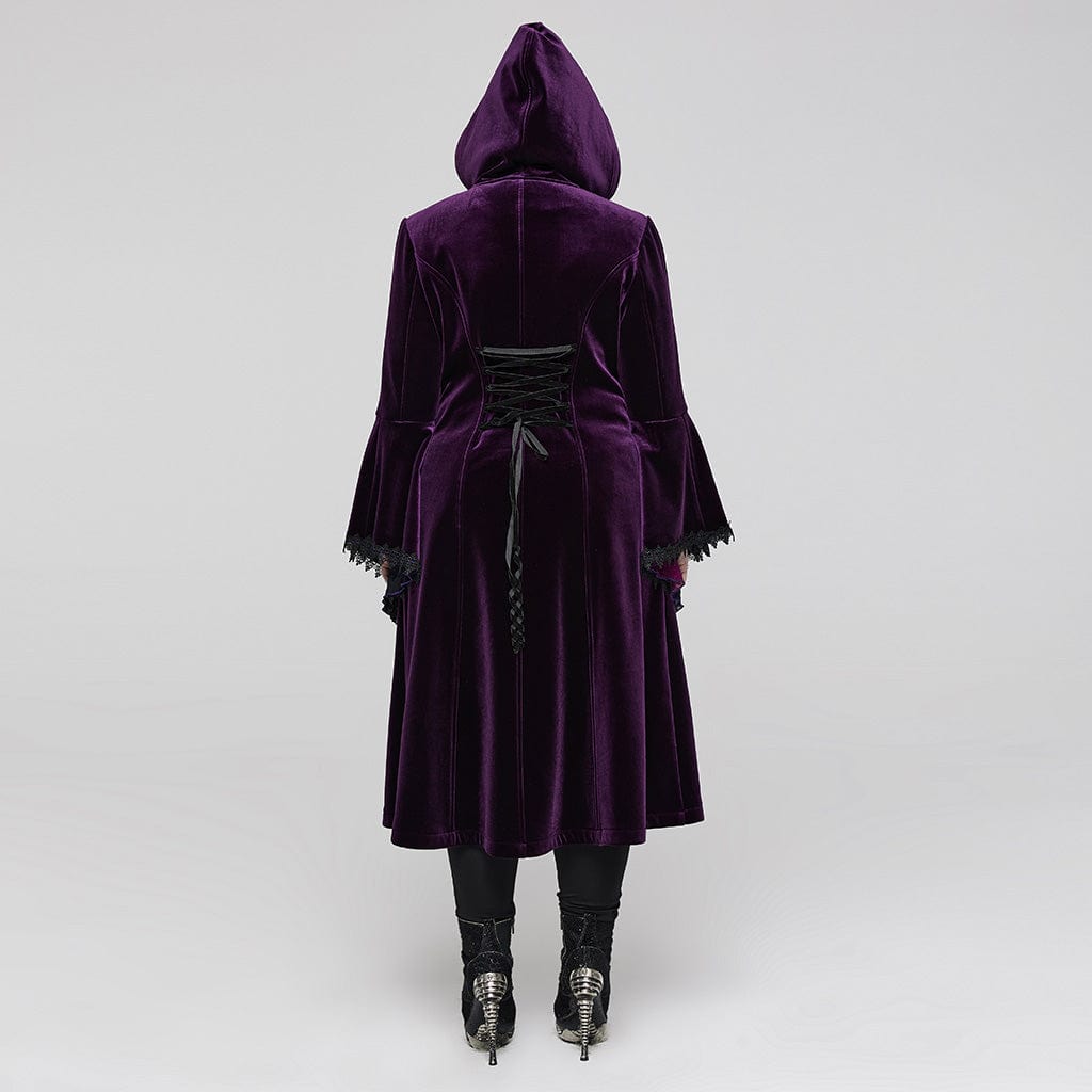 PUNK RAVE Women's Plus Size Gothic Flared Sleeved Velvet Coat with Hood