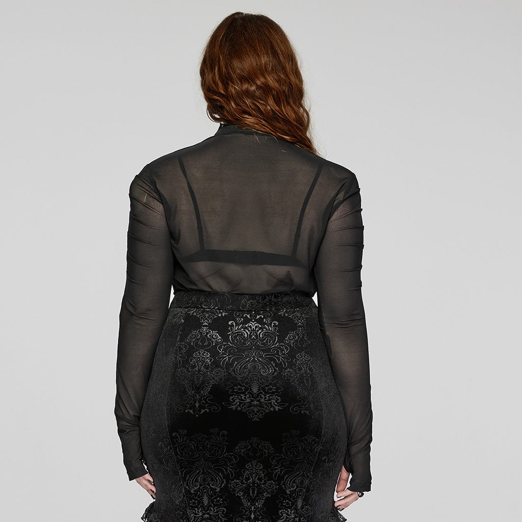 PUNK RAVE Women's Plus Size Gothic Floral Embroidered Pleated Mesh Shirt