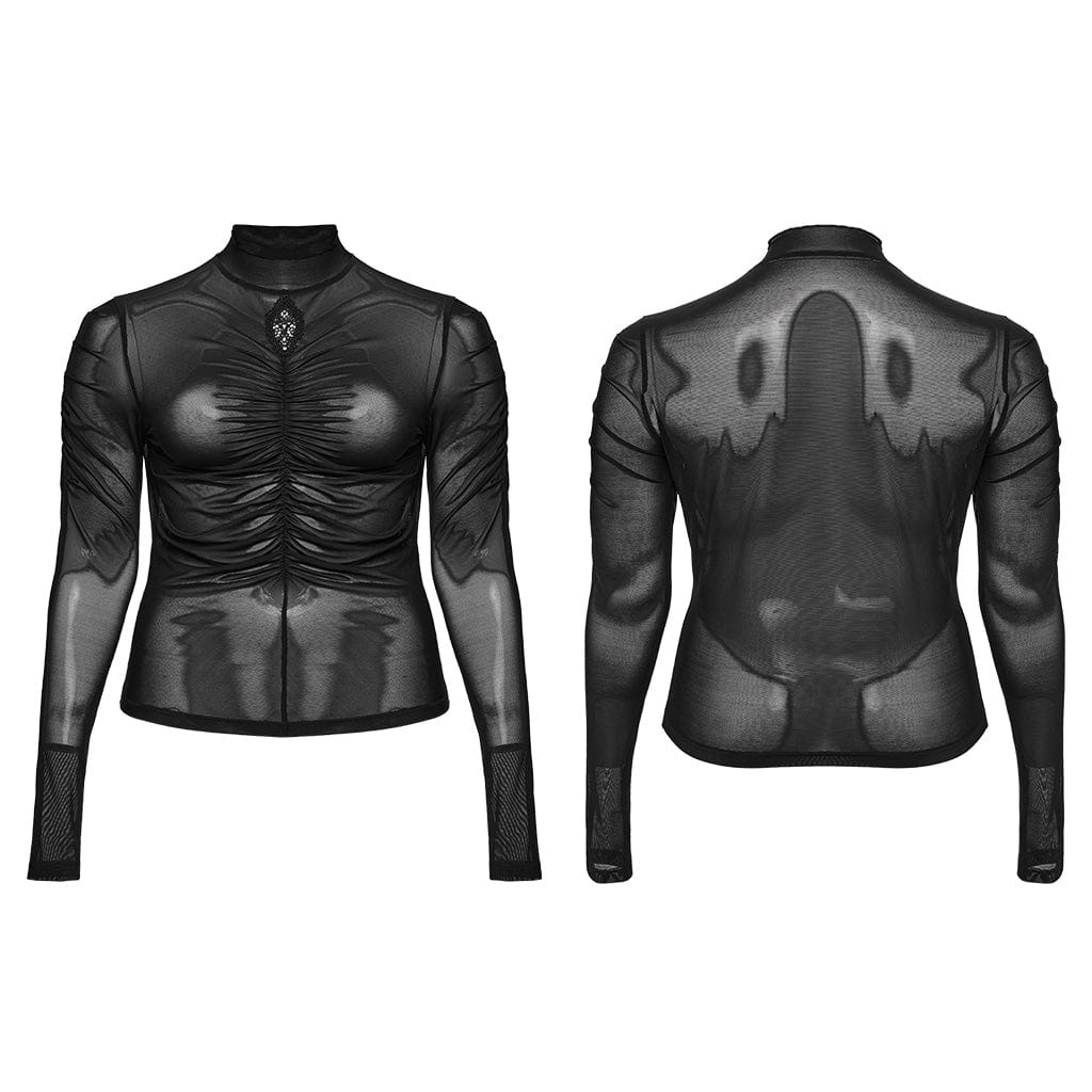 PUNK RAVE Women's Plus Size Gothic Floral Embroidered Pleated Mesh Shirt