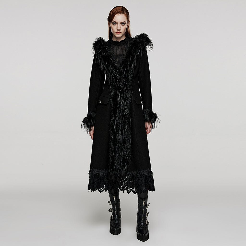PUNK RAVE Women's Plus Size Gothic Fluffy Splice Lace Hem Coat with Hood