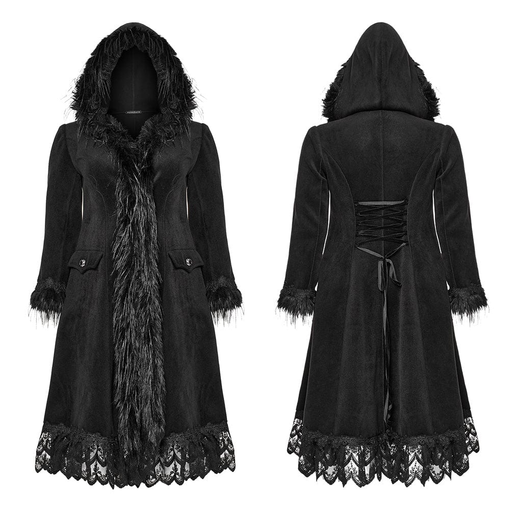 PUNK RAVE Women's Plus Size Gothic Fluffy Splice Lace Hem Coat with Hood