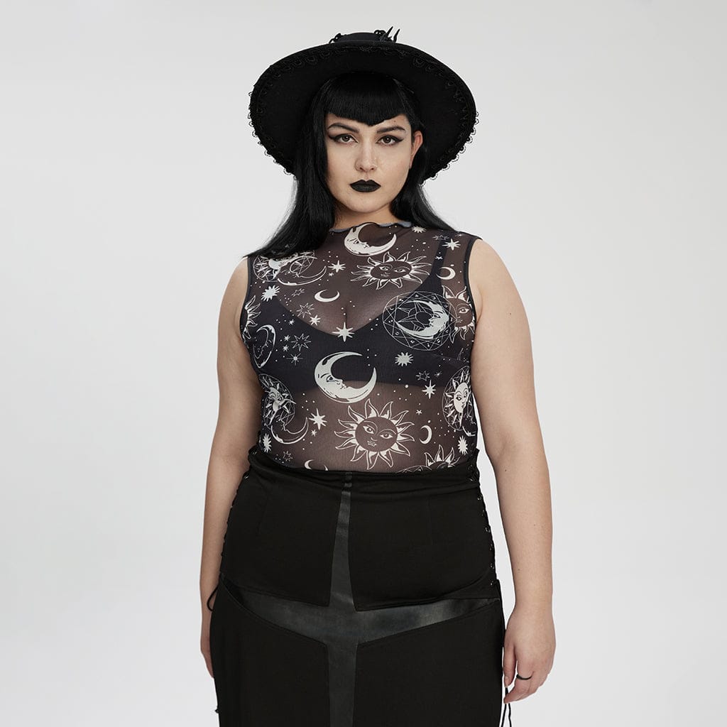 PUNK RAVE Women's Plus Size Gothic Half-high Collar Sun Mesh Tank Top
