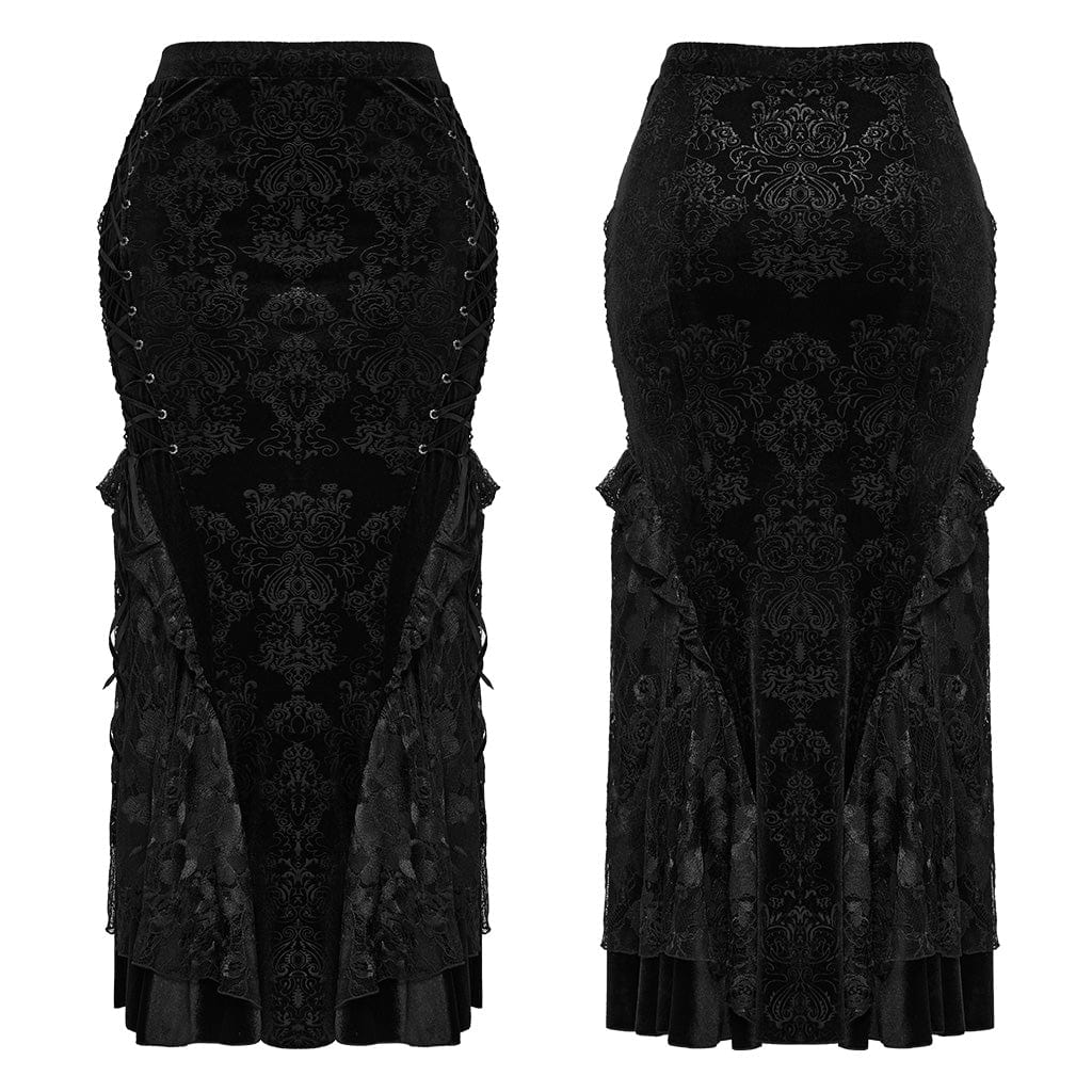 PUNK RAVE Women's Plus Size Gothic Lace-up Embossed Velvet Fishtailed Skirt