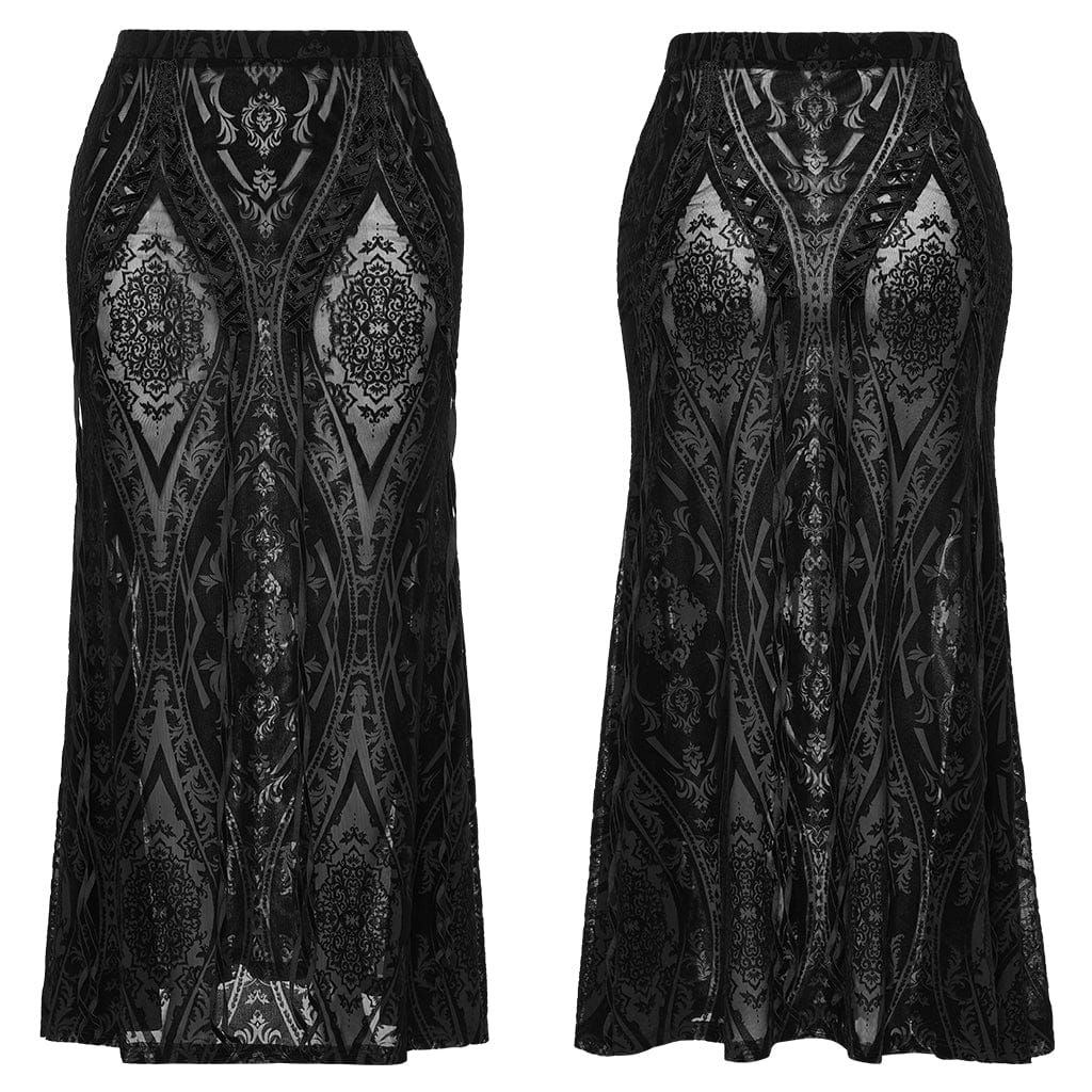 PUNK RAVE Women's Plus Size Gothic Lace-up Sheer Flocked Mesh Skirt