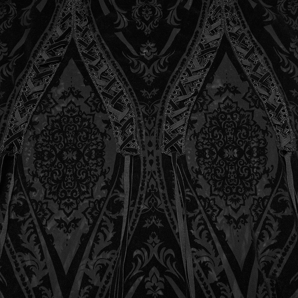 PUNK RAVE Women's Plus Size Gothic Lace-up Sheer Flocked Mesh Skirt