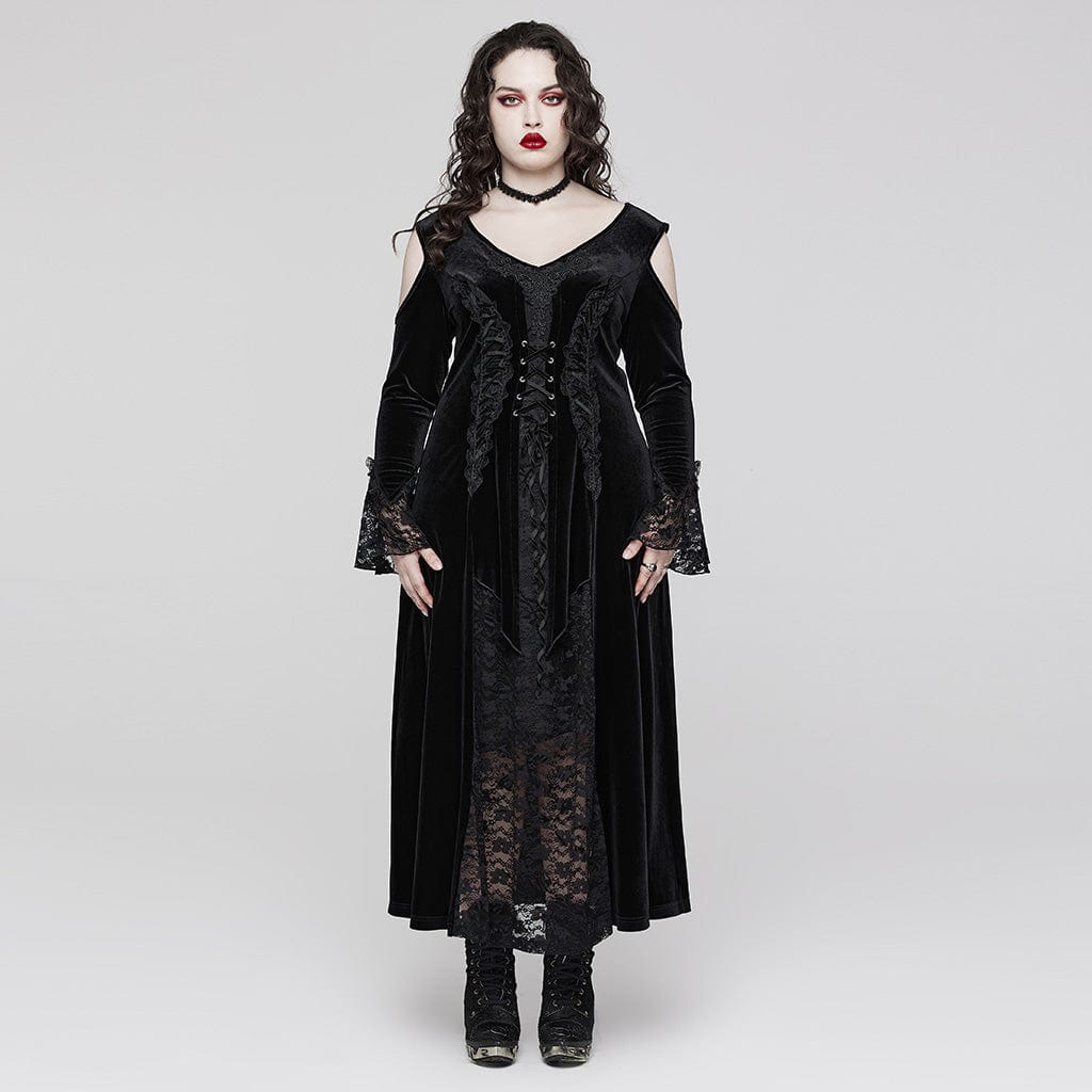 PUNK RAVE Women's Plus Size Gothic Off Shoulder Lace Splice Velvet Dress