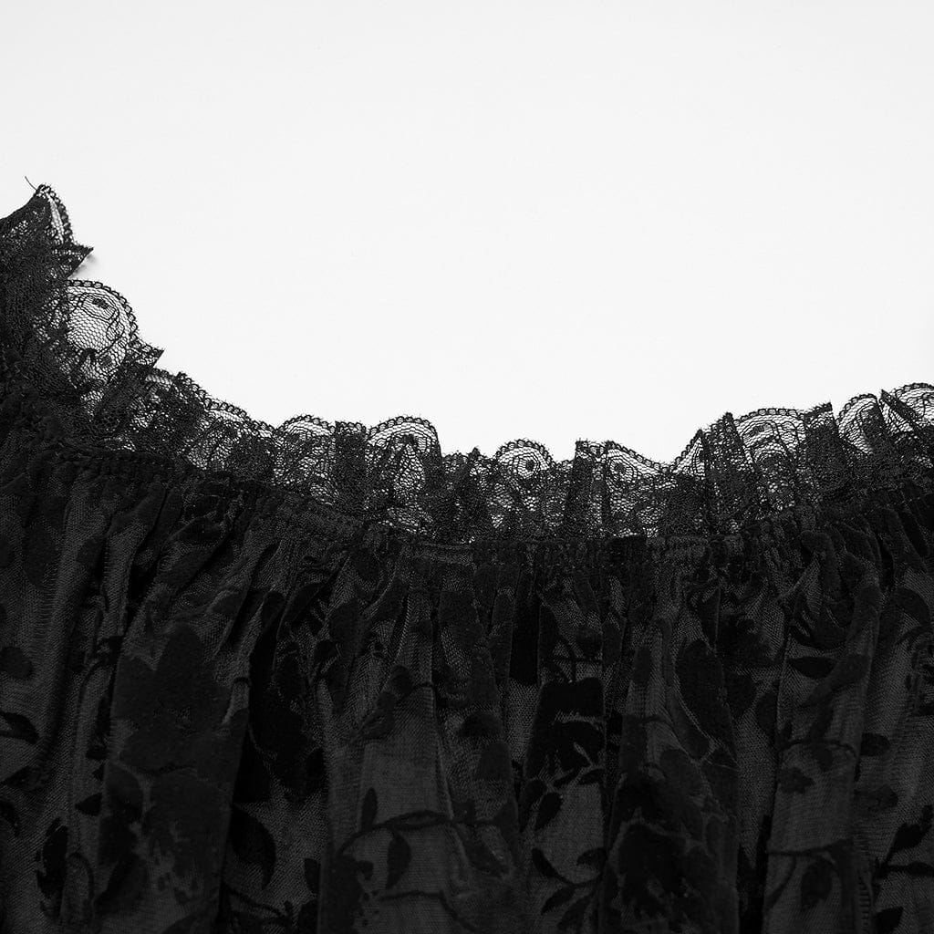 PUNK RAVE Women's Plus Size Gothic Off Shoulder Ruffles Sheer Shirt Black