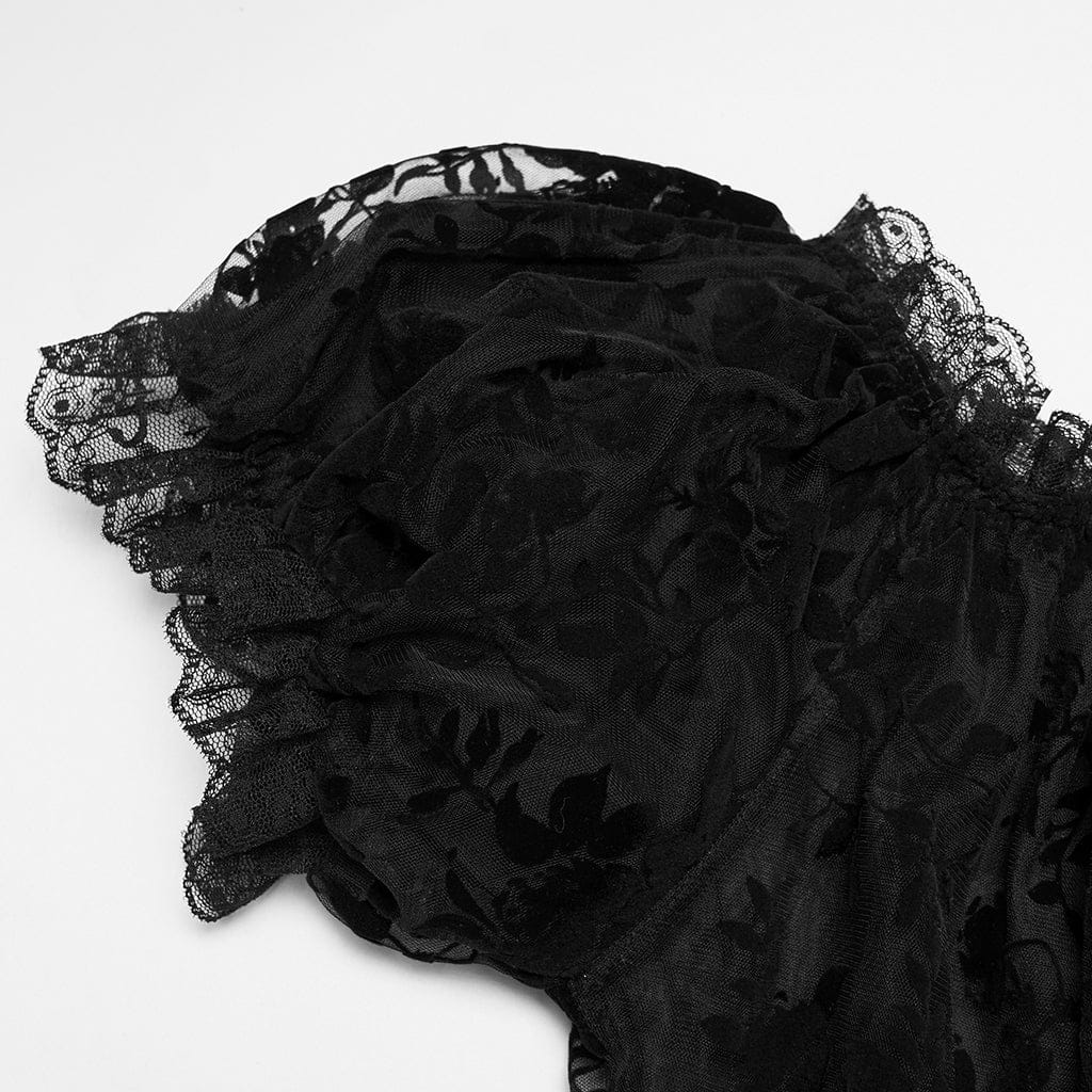 PUNK RAVE Women's Plus Size Gothic Off Shoulder Ruffles Sheer Shirt Black