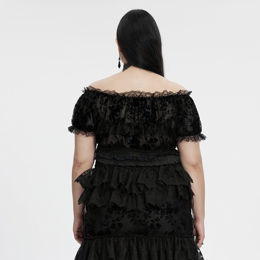 PUNK RAVE Women's Plus Size Gothic Off Shoulder Ruffles Sheer Shirt Black
