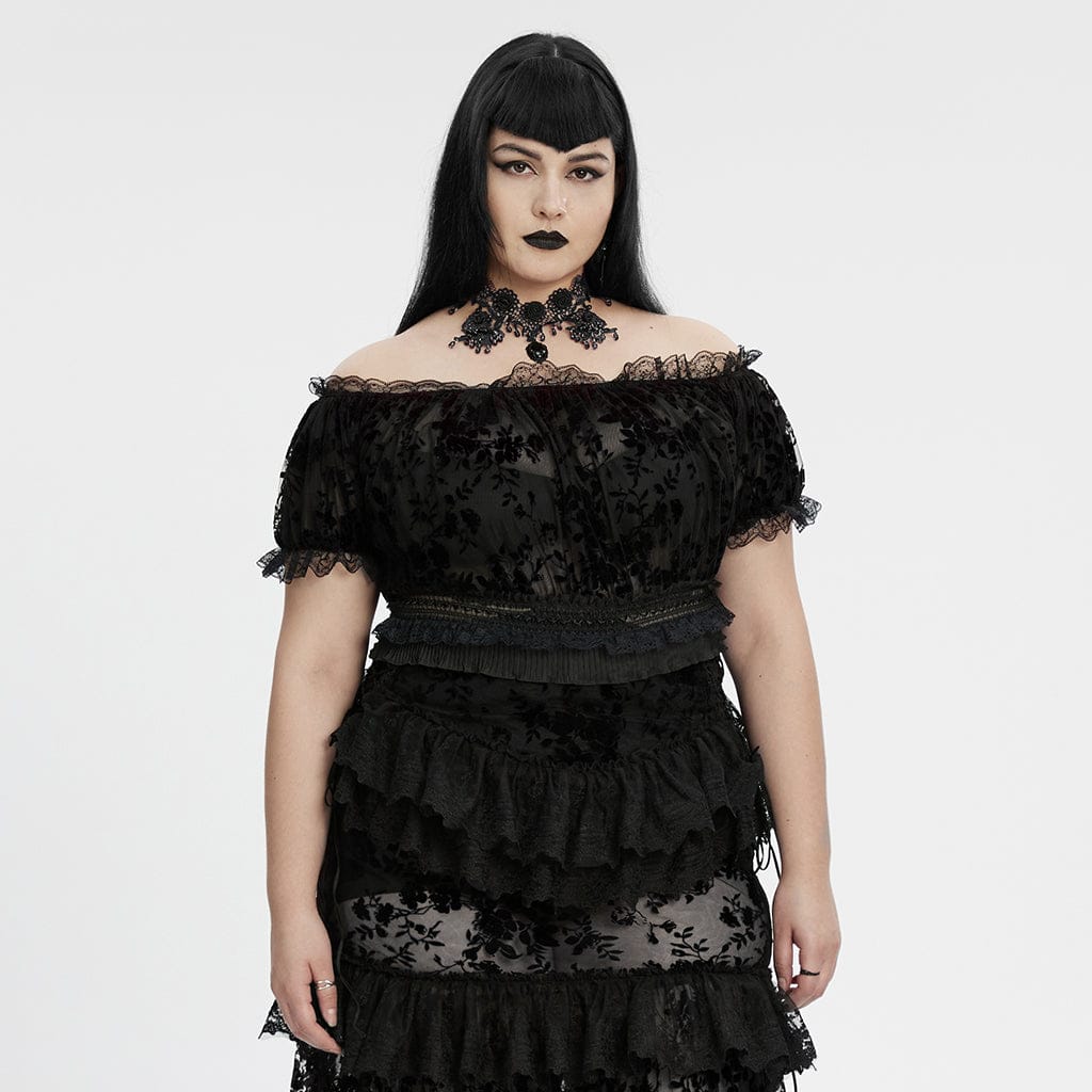 PUNK RAVE Women's Plus Size Gothic Off Shoulder Ruffles Sheer Shirt Black