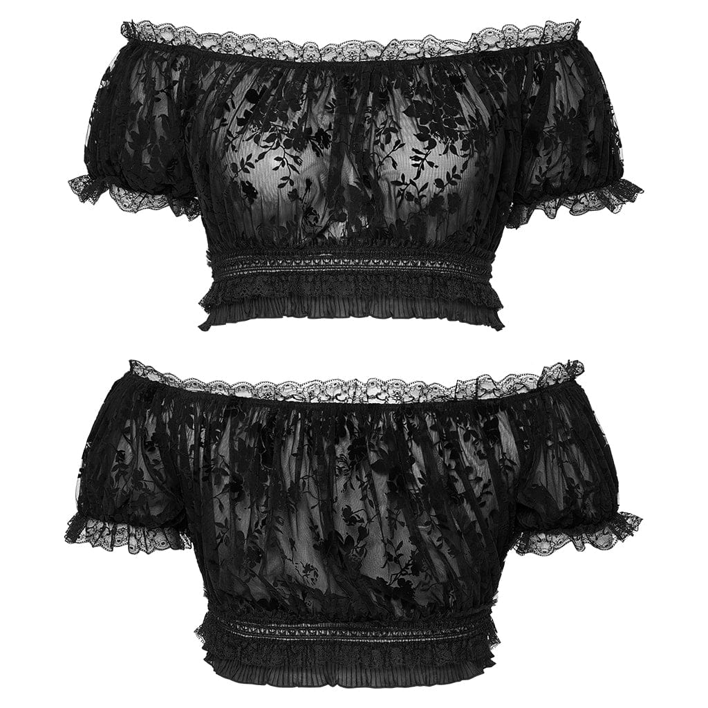 PUNK RAVE Women's Plus Size Gothic Off Shoulder Ruffles Sheer Shirt Black