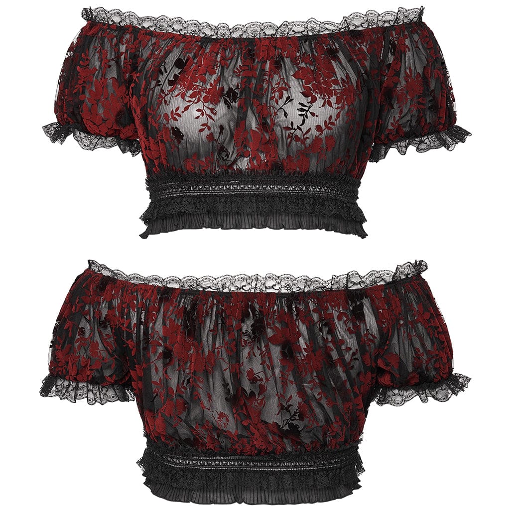 PUNK RAVE Women's Plus Size Gothic Off Shoulder Ruffles Sheer Shirt Black-Red