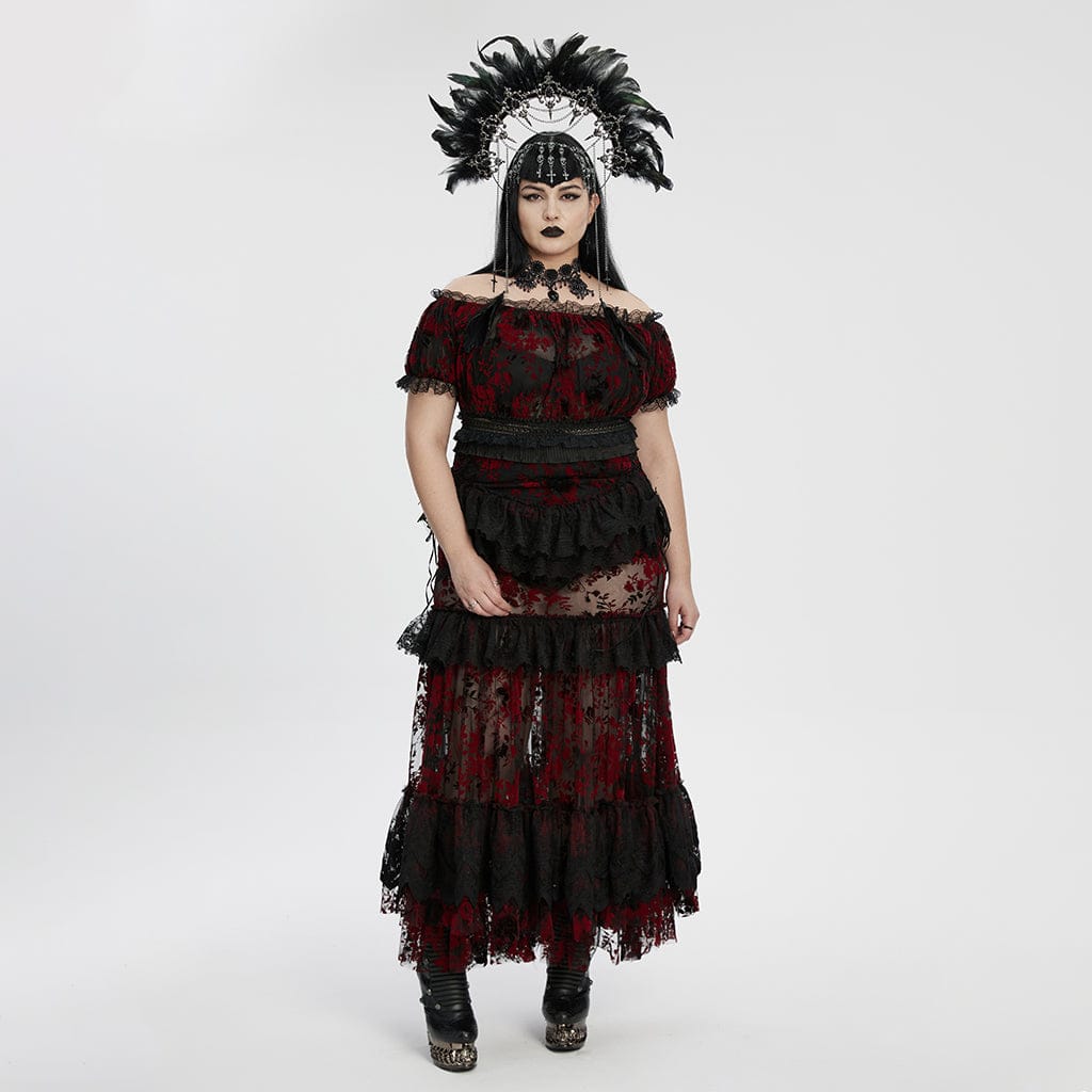 PUNK RAVE Women's Plus Size Gothic Off Shoulder Ruffles Sheer Shirt Black-Red