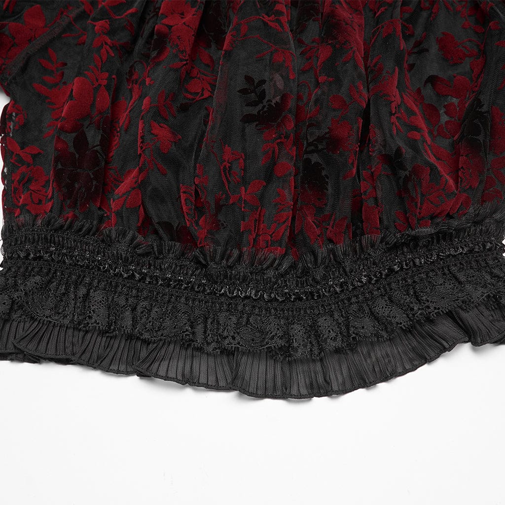 PUNK RAVE Women's Plus Size Gothic Off Shoulder Ruffles Sheer Shirt Black-Red