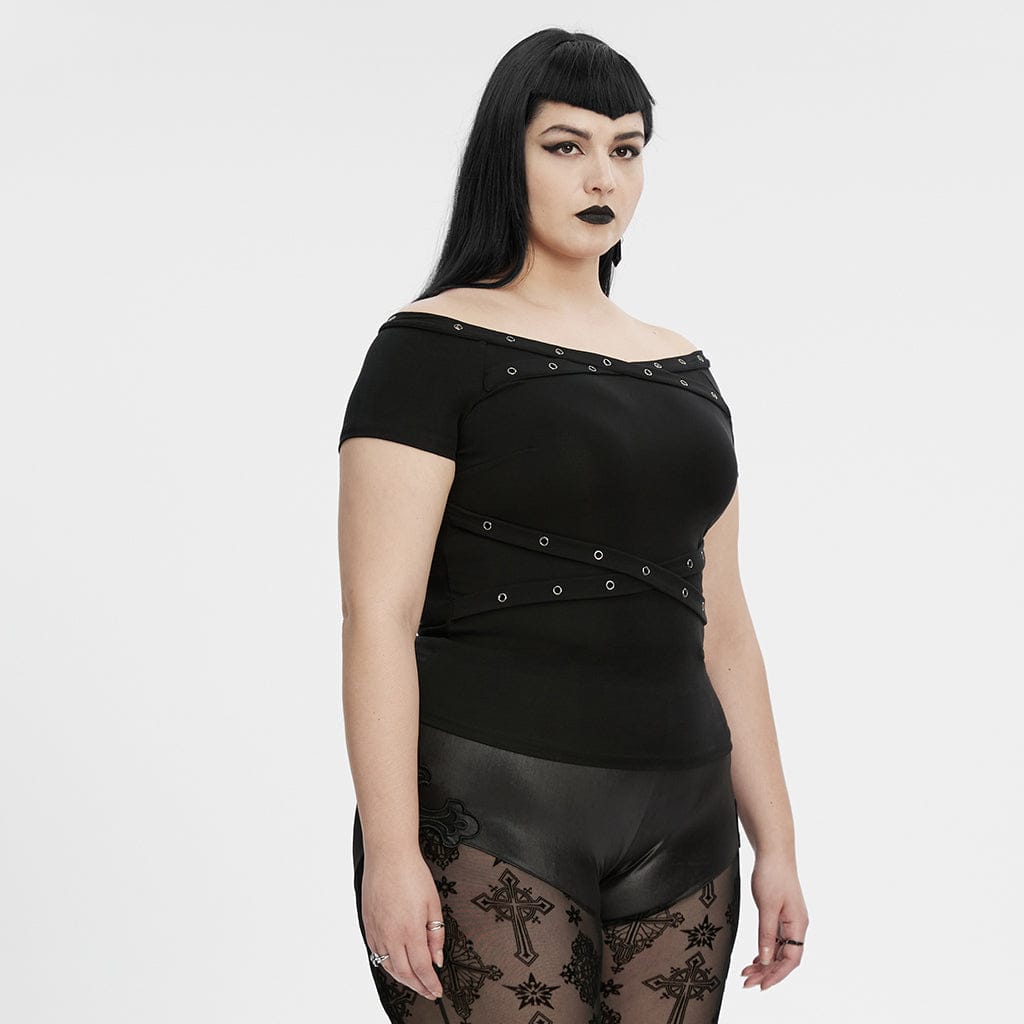 PUNK RAVE Women's Plus Size Gothic Off-the-shoulder Eyelet Strap Shirt