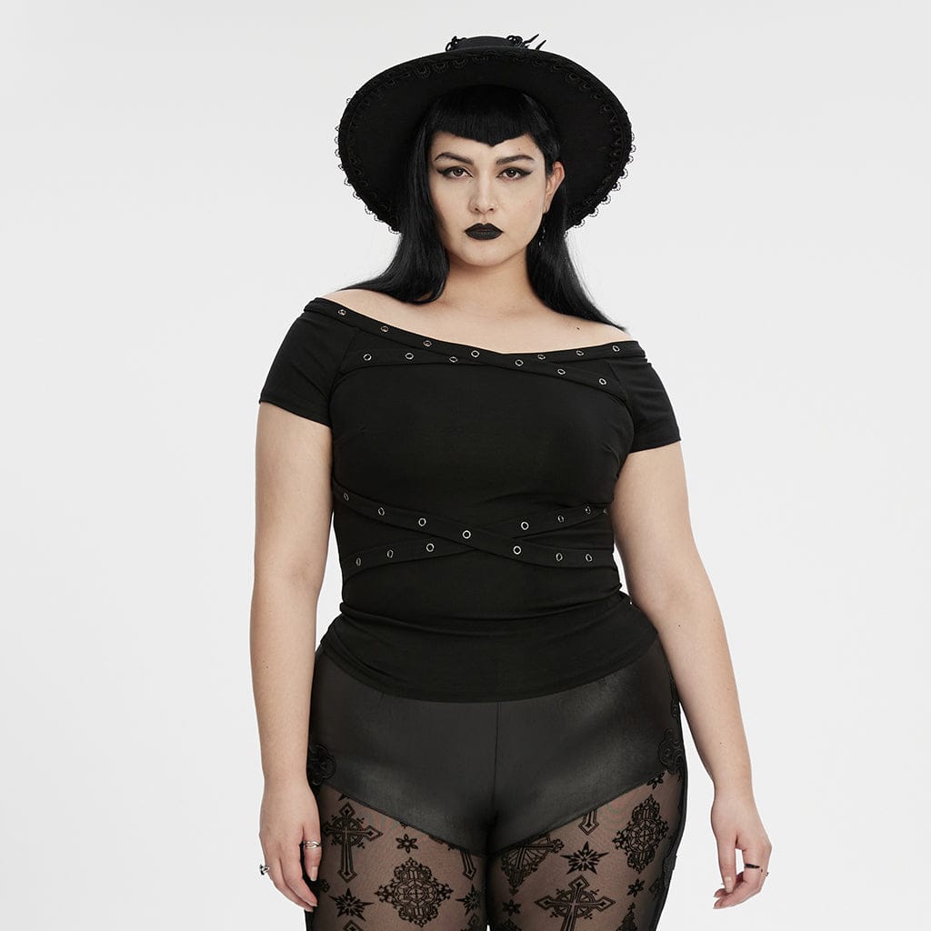 PUNK RAVE Women's Plus Size Gothic Off-the-shoulder Eyelet Strap Shirt