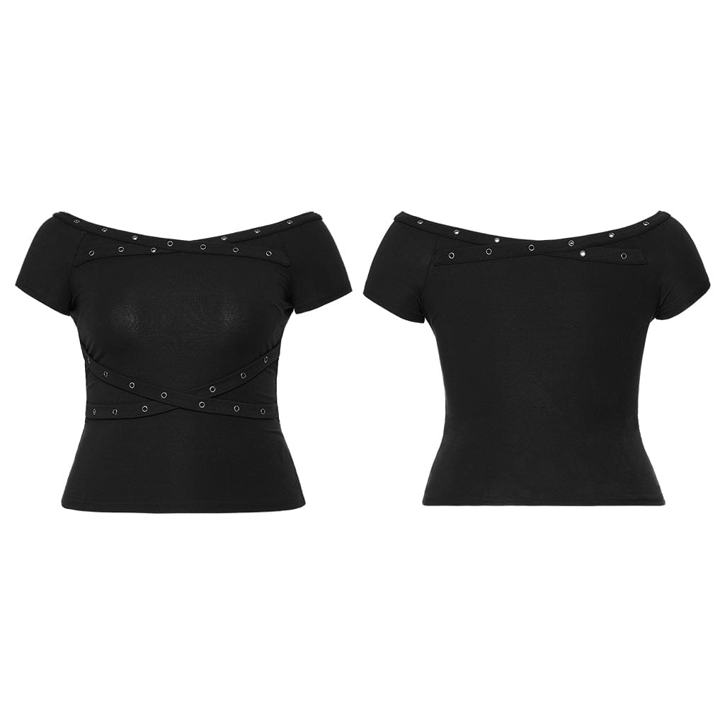 PUNK RAVE Women's Plus Size Gothic Off-the-shoulder Eyelet Strap Shirt