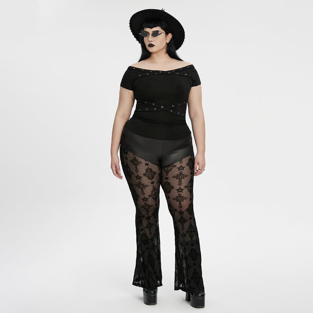 PUNK RAVE Women's Plus Size Gothic Off-the-shoulder Eyelet Strap Shirt