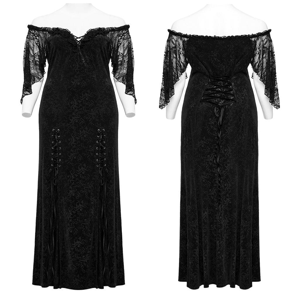 PUNK RAVE Women's Plus Size Gothic Off-the-shoulder Lace-up Velvet Gown Dress