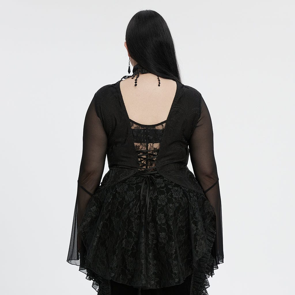 PUNK RAVE Women's Plus Size Gothic Plunging Flared Sleeved Lace-up Shirt