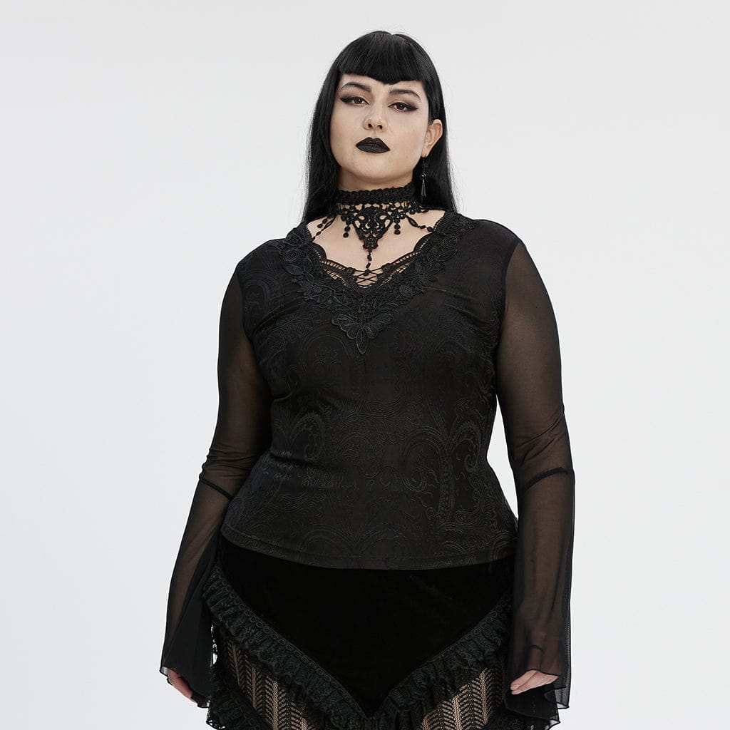 PUNK RAVE Women's Plus Size Gothic Plunging Flared Sleeved Lace-up Shirt