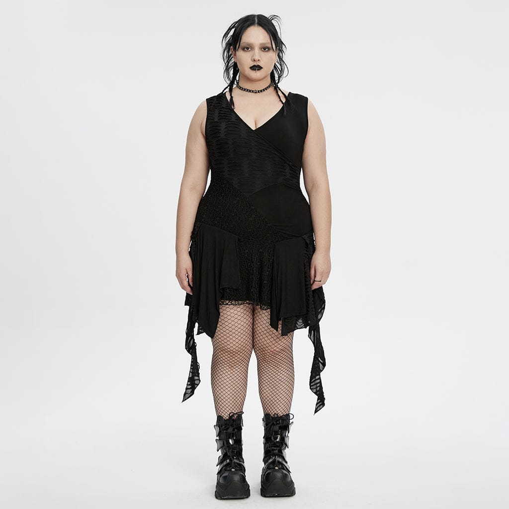 PUNK RAVE Women's Plus Size Gothic Plunging Irregular Ripped Honeymoon Dress