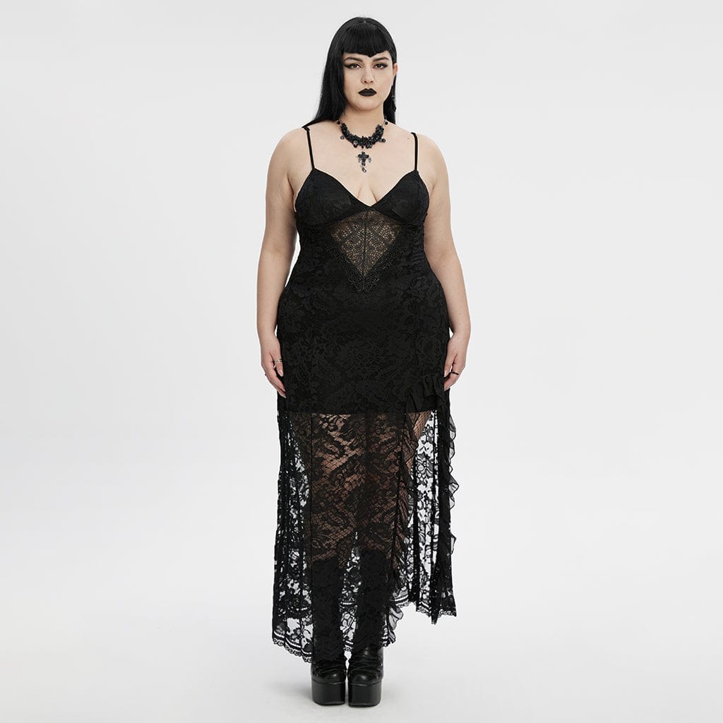 PUNK RAVE Women's Plus Size Gothic Plunging Split Lace Evening Slip Dress