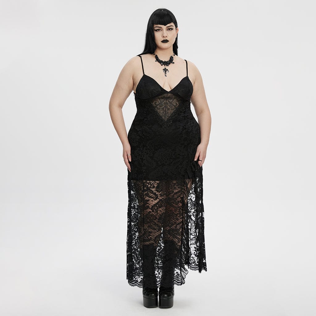 PUNK RAVE Women's Plus Size Gothic Plunging Split Lace Evening Slip Dress