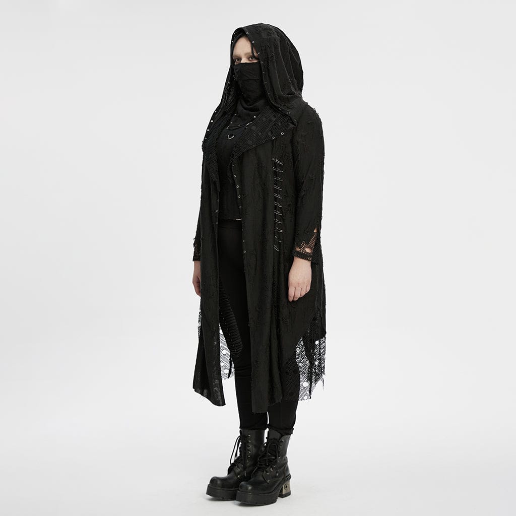 PUNK RAVE Women's Plus Size Gothic Ripped Mesh Splice Coat with Hood