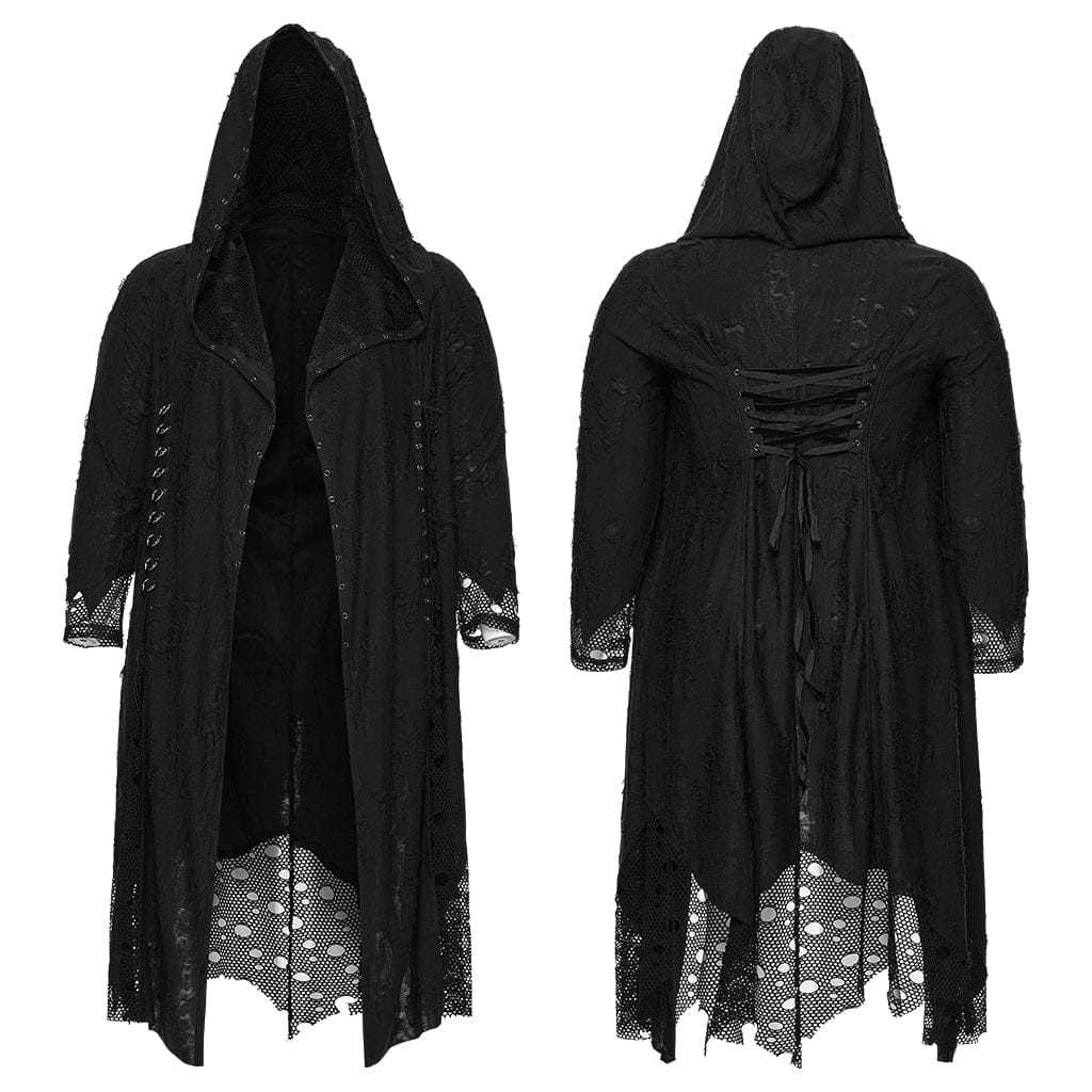 PUNK RAVE Women's Plus Size Gothic Ripped Mesh Splice Coat with Hood