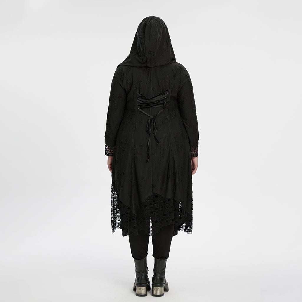 PUNK RAVE Women's Plus Size Gothic Ripped Mesh Splice Coat with Hood