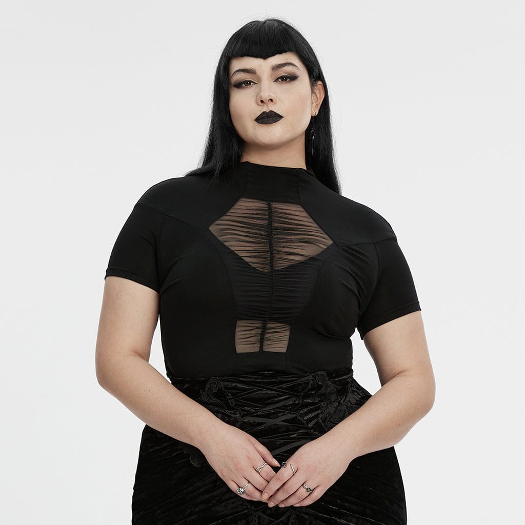 PUNK RAVE Women's Plus Size Gothic Stand Collar Mesh Splice Shirt