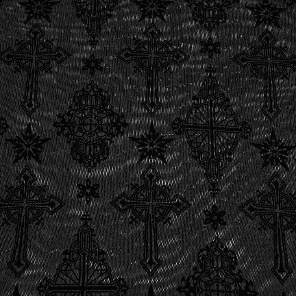 PUNK RAVE Women's Plus Size Gothic Star Cross Flocking Mesh T-shirt