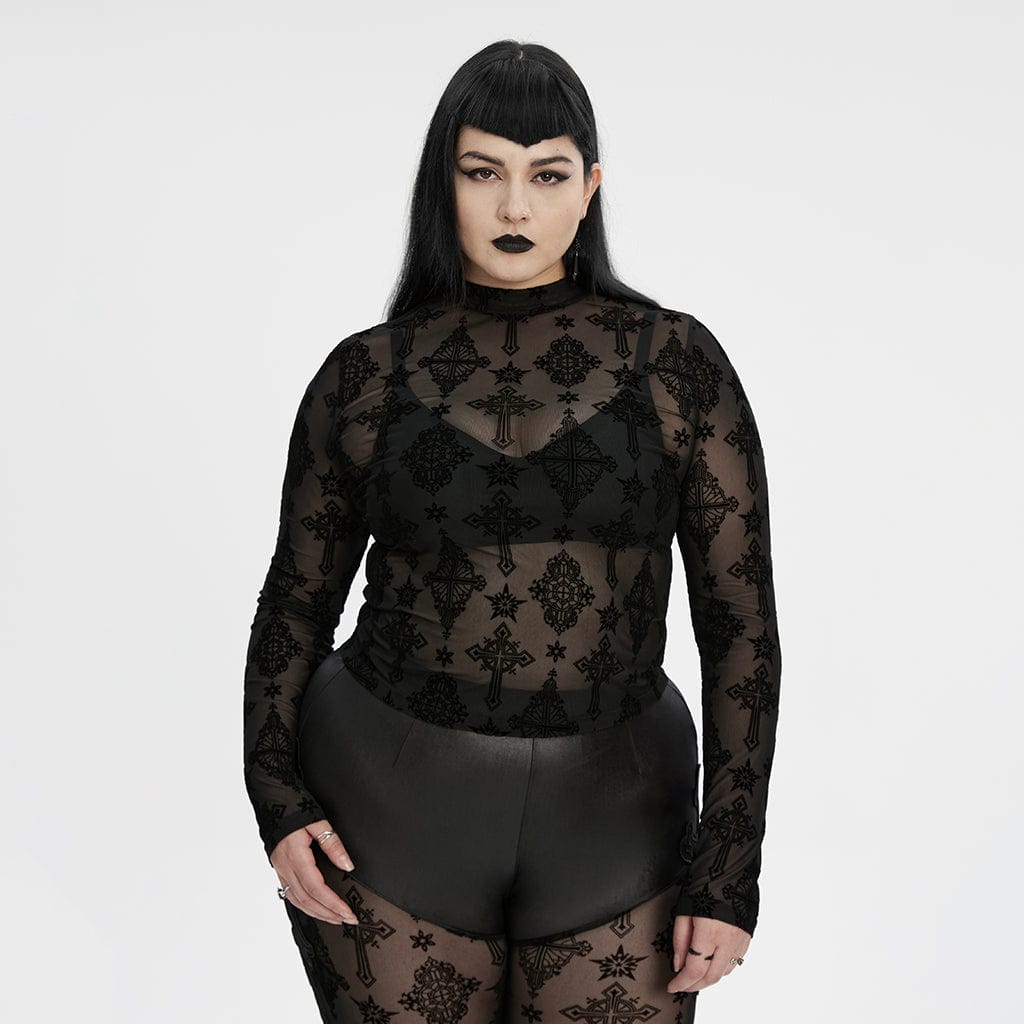 PUNK RAVE Women's Plus Size Gothic Star Cross Flocking Mesh T-shirt
