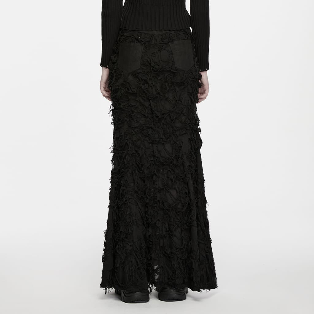 PUNK RAVE Women's Punk Asymmetric Eyelet Lace-up Distressed Maxi Skirt