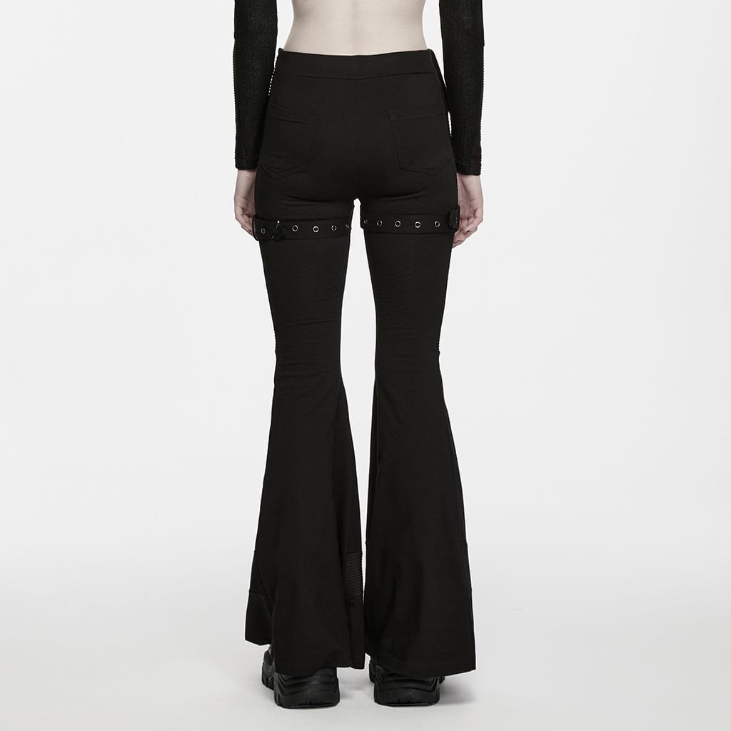 PUNK RAVE Women's Punk Asymmetric Tassel Buckle Strap Flared Pants
