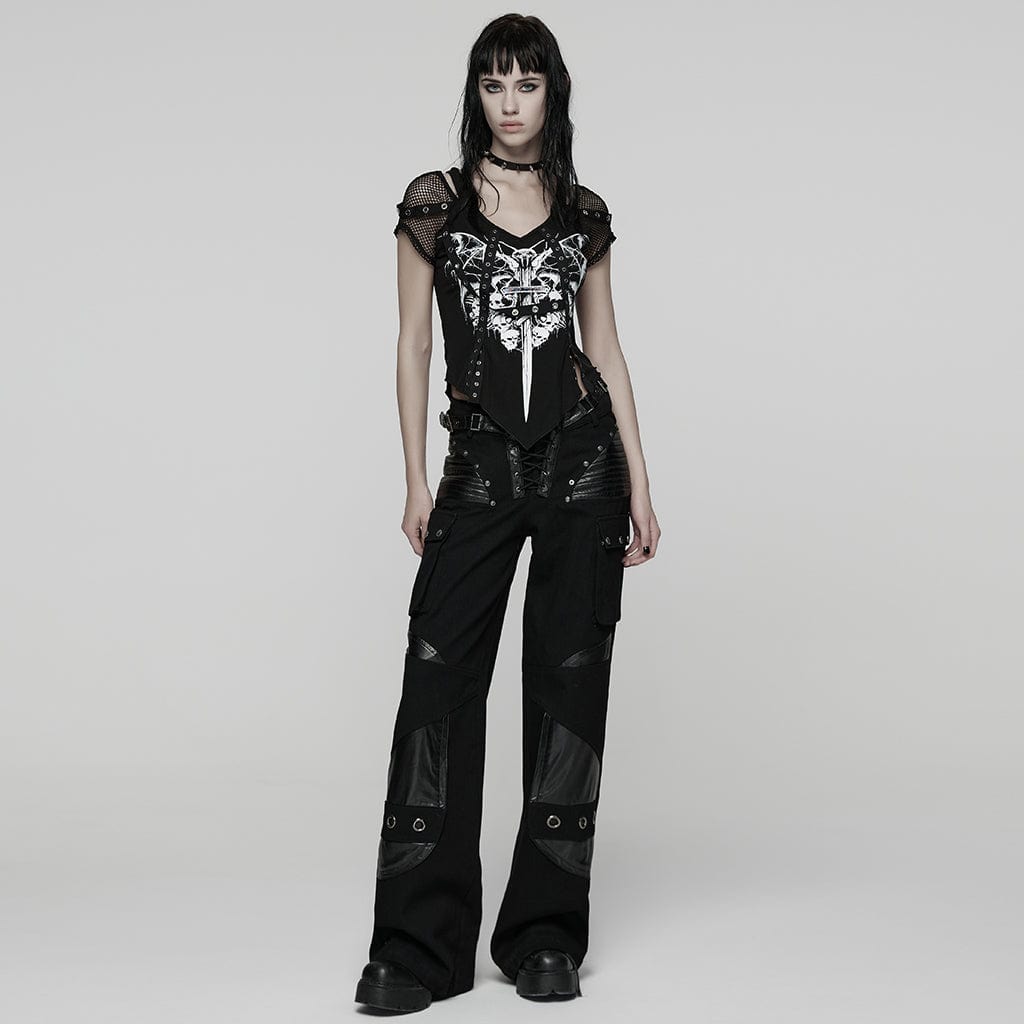 PUNK RAVE Women's Punk Big Pocket Buckle Strap Lace-up Pants
