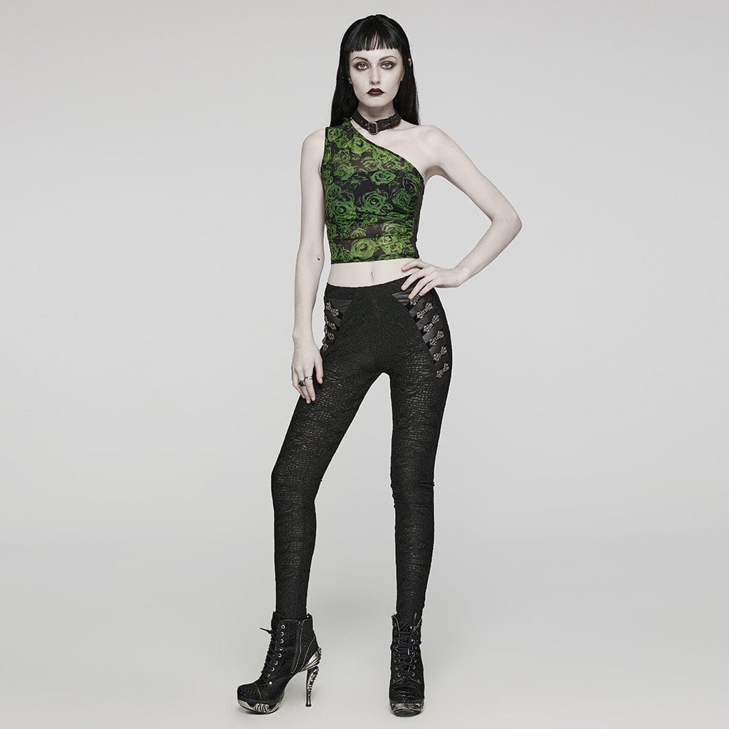 PUNK RAVE Women's Punk Buckle Eyelet Halter Tank Top Black-Green