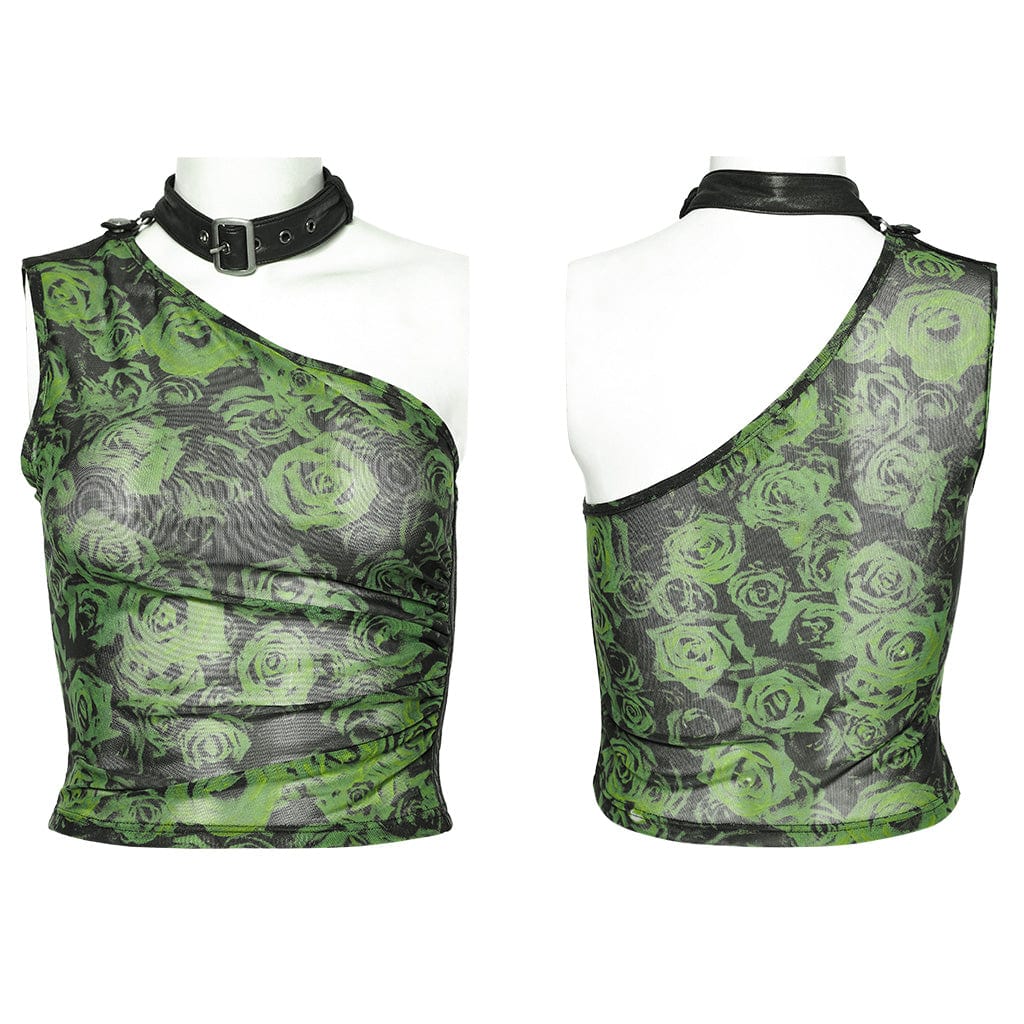 PUNK RAVE Women's Punk Buckle Eyelet Halter Tank Top Black-Green