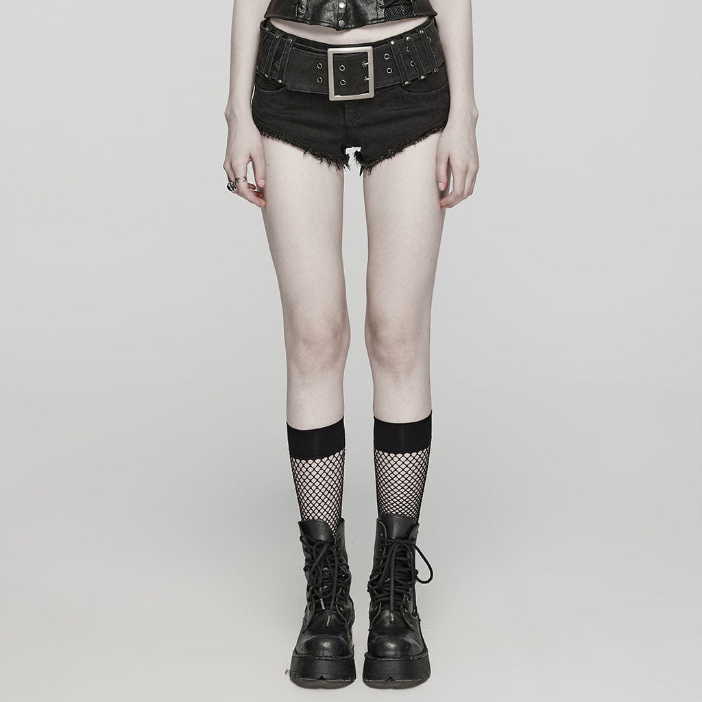 PUNK RAVE Women's Punk Buckle Eyelets Denim Shorts